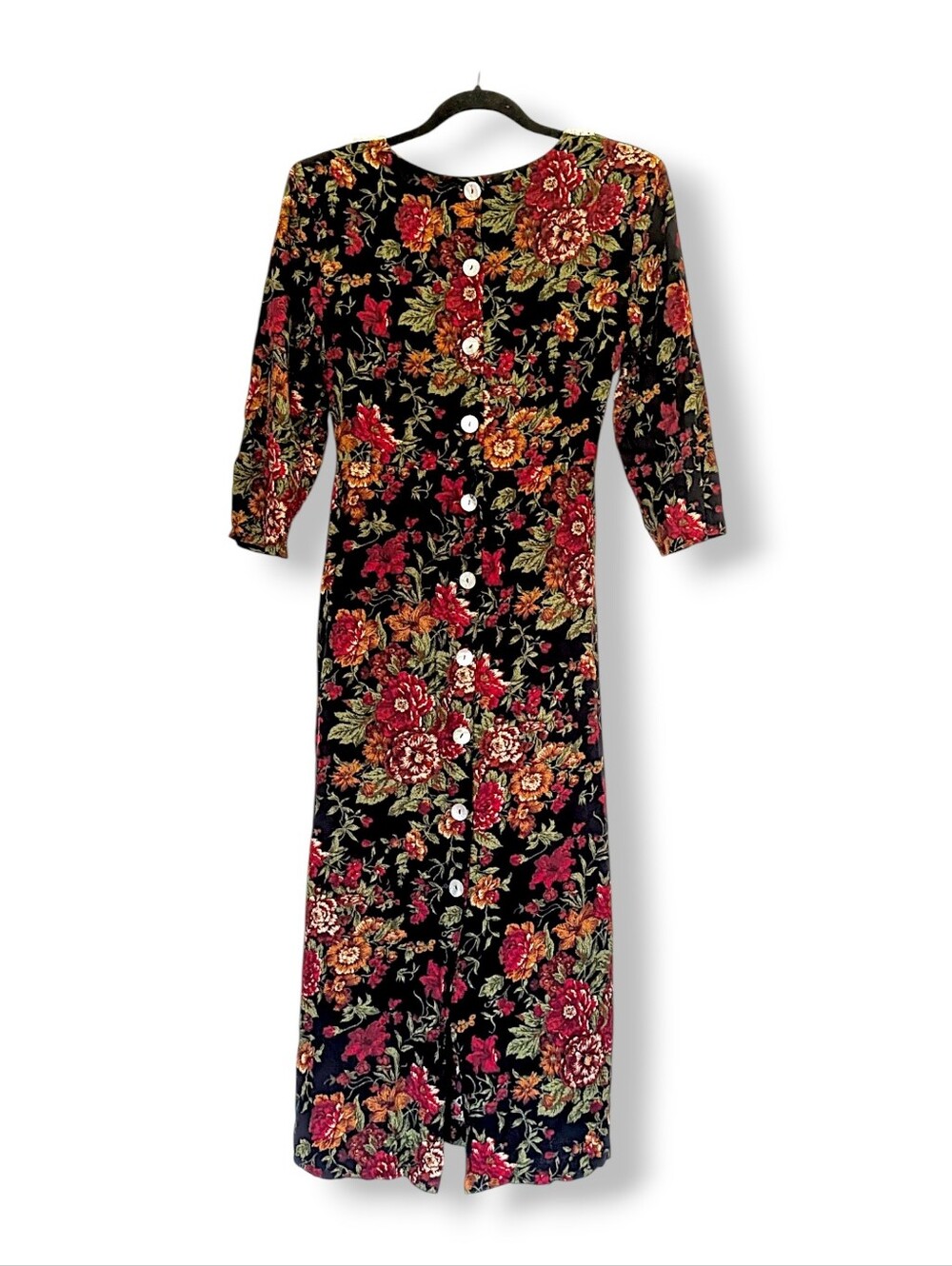 Vintage 80's crocheted peter pan bib fairy cottage  grunge floral midi dress S - Picture 4 of 9
